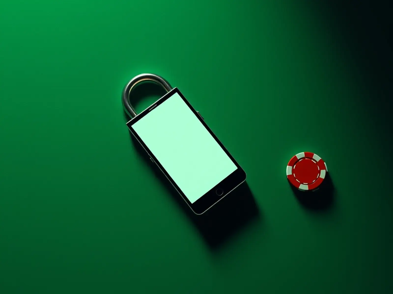 Schloss und Smartphone auf grünem Spieltisch als Symbol für Kontoschutz